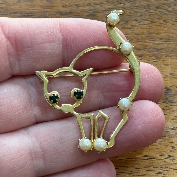 Halloween Scared Cat Brooch Gold Tone Pearl Beads Rhinestone Eyes Novelty Pin - Picture 4 of 5